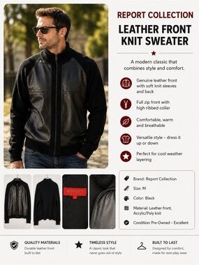 Report Collection Men's Black Leather-Front Zip Knit Sweater